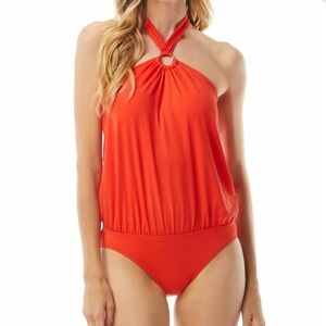 MICHAEL KORS Red Orange Blouson Full Coverage Tie Halter One Piece Swimsuit 10